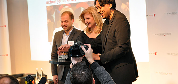 Sebastian Matthes, Arianna Huffington, Cherno Jobatey (v.l.)