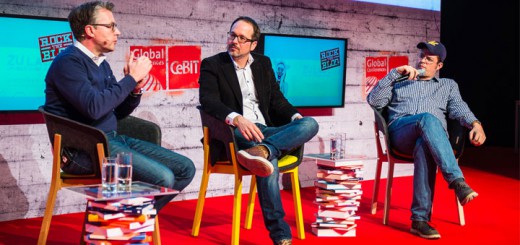 Matthias Schrader, Karsten Lohmeyer und Sascha Pallenberg bei "Rock the Blog". Foto: CeBIT Global Conferences/Dan@heisenbergmedia.com