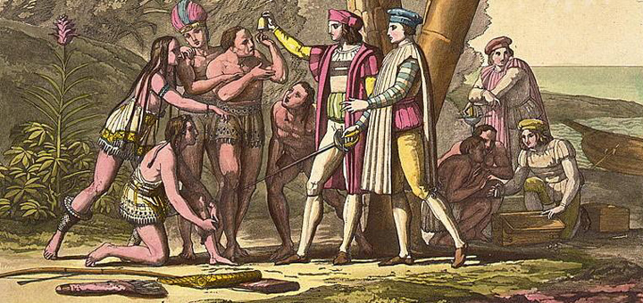 The Landing of Columbus. Christopher Columbus and others showing objects to Native American men and women on shore. Quelle: By From the Library of Congress, http://www.loc.gov/rr/print/list/080_columbus.html, Public Domain, https://commons.wikimedia.org/w/index.php?curid=165969