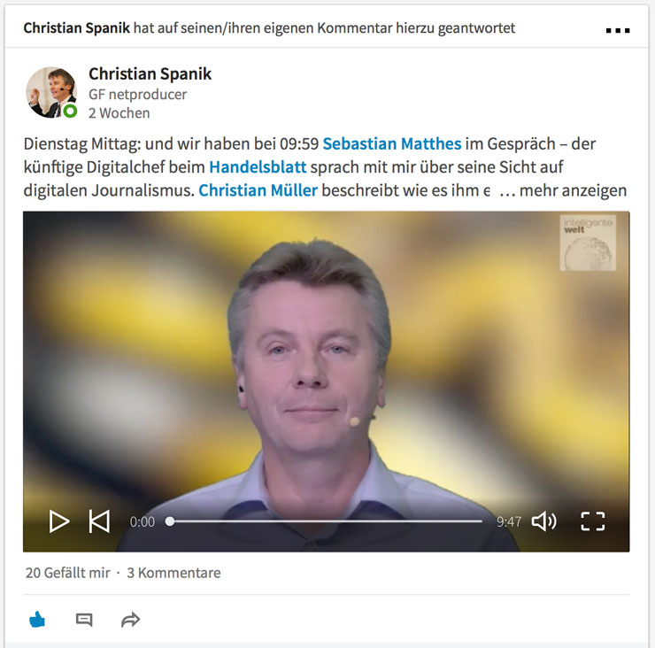 9:59 heißt die Sendung, die Christian Spanik auf LinkedIn produziert.